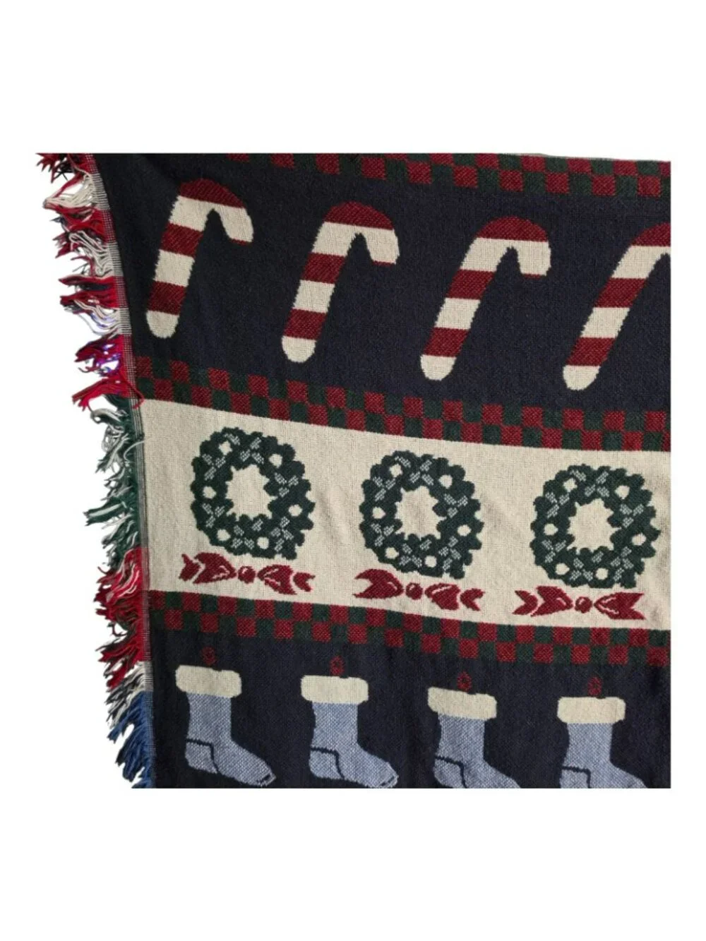 Holiday Christmas Throw Blanket Candy Cane Stocking Wreath Tree Bell Candle